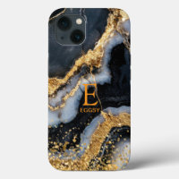 Black marble chic gold glitter monogram