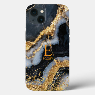 Black marble chic gold glitter monogram iPhone 13 case