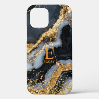 Black marble chic gold glitter monogram iPhone 12 case
