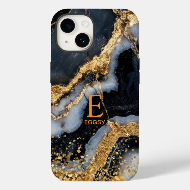 Black marble chic gold glitter monogram Case-Mate iPhone case (Back)