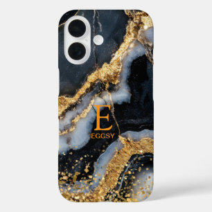Black marble chic gold glitter monogram iPhone 16 case