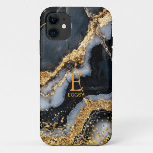 Black marble chic gold glitter monogram Case-Mate iPhone case