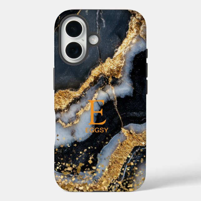 Black marble chic gold glitter monogram Case-Mate iPhone case (Back)