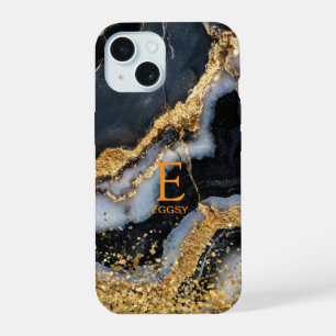 Black marble chic gold glitter monogram iPhone 15 case