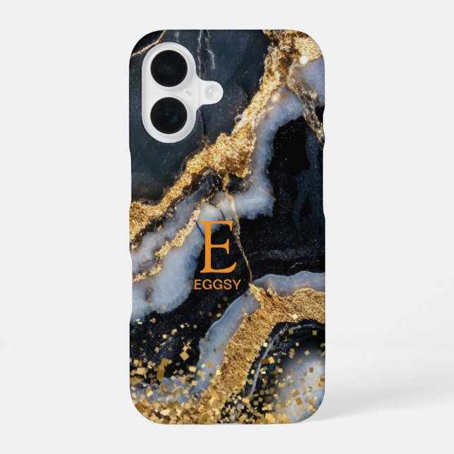 Black marble chic gold glitter monogram iPhone 16 case (Back)