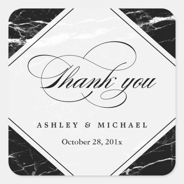 Black Marble Classy Typography Script Thank You Square Sticker (Front)