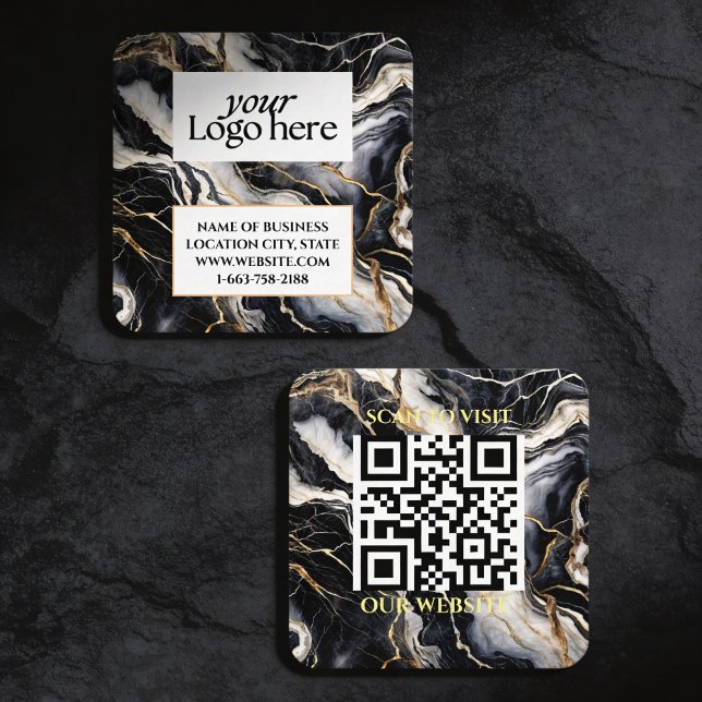  Black marble Custom Logo and QR Code  Square Business Card (Creator Uploaded)