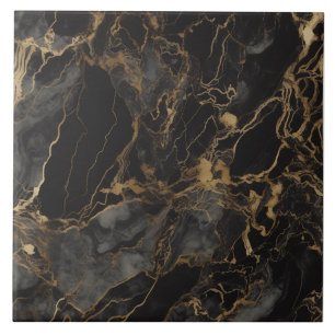 Black Marble Effect with Branching Gold Veins Tile
