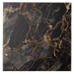 Black Marble Effect with Branching Gold Veins Tile