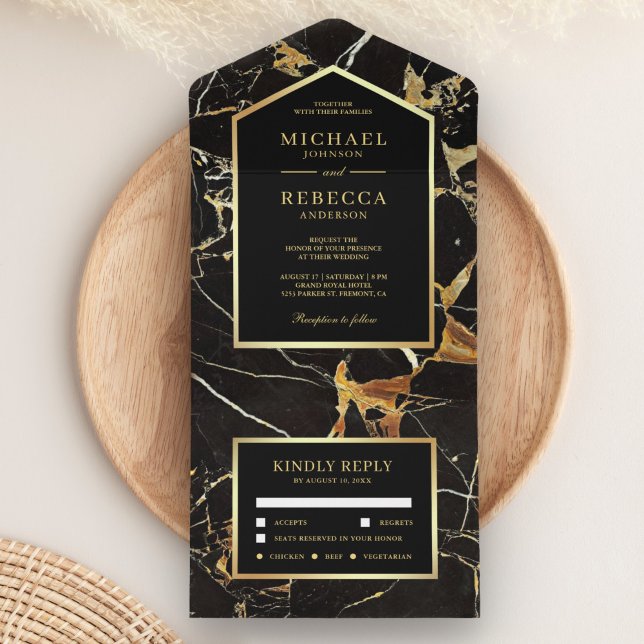 Black Marble Faux Gold Foil Wedding All In One Invitation (Creator Uploaded)