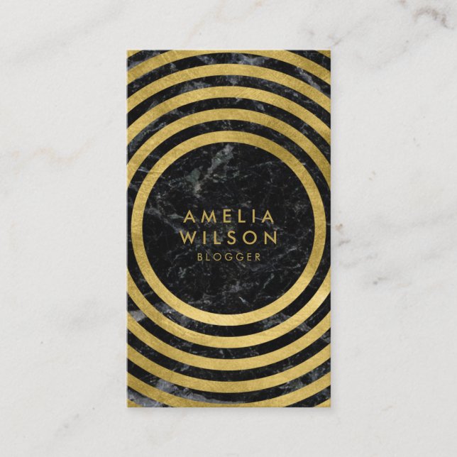 Black Marble Faux Gold Round Lines Social Media Business Card (Front)