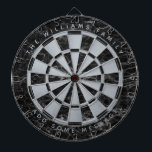 Black Marble Faux Silver Foil Family Name Classic  Dartboard<br><div class="desc">A classic dartboard design with alternating  black marble and faux silver foil triangles. There is a family name in the upper part and a message in the lower part,  both as arched texts in silvery grey caps.</div>