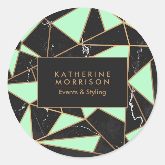 Black Marble Geometric Mosaic Classic Round Sticker (Front)