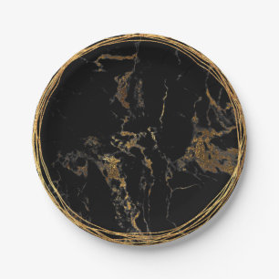 Black Marble Glam Golden Birtday Party Paper Plate