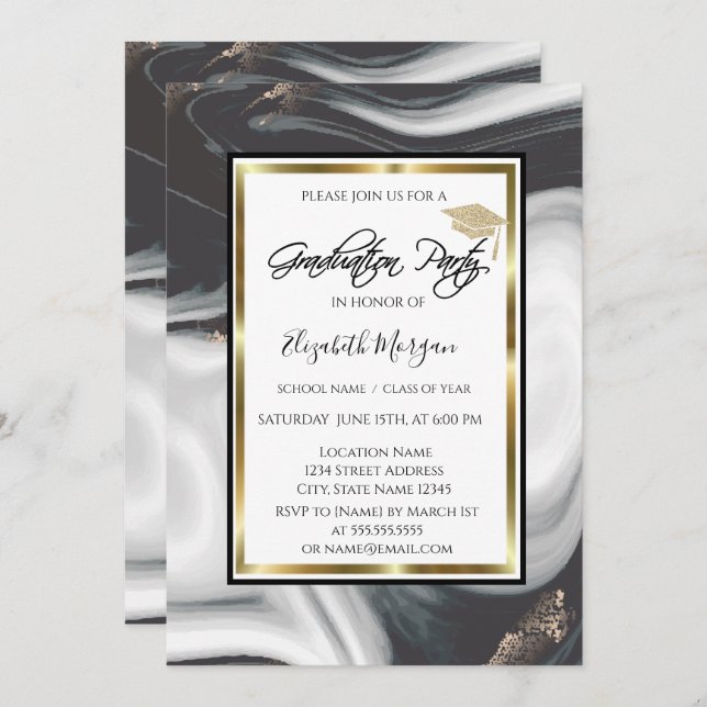 Black Marble  Glitter Graduation Cap Graduation Invitation (Front/Back)