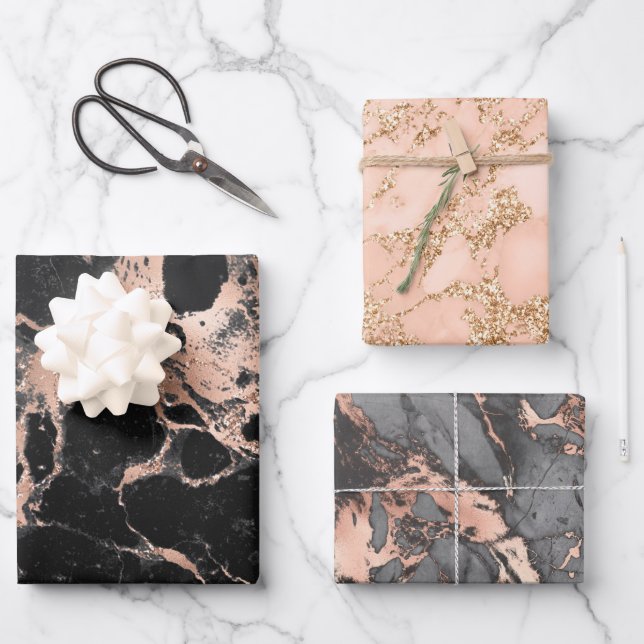 Black marble glitter rose gold wrapping paper sheet (Front)
