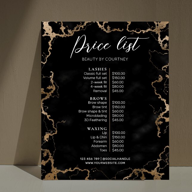 Black Marble & Gold Elegant Business Price List Poster (Black marble and gold salon pricing menu with elegant fonts and faux gold glitter effects)