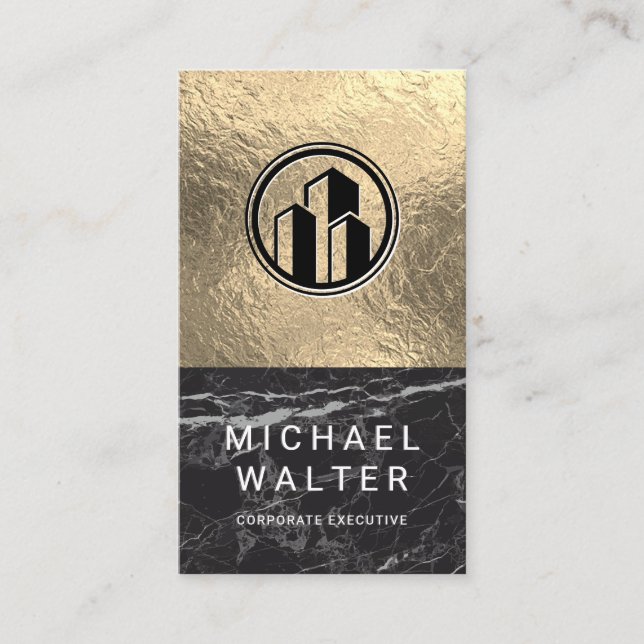Black Marble | Gold Foil Colour Block Business Card (Front)