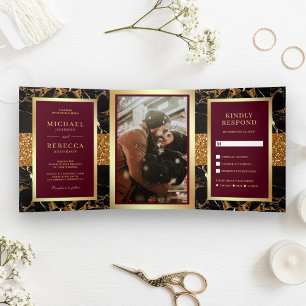Black Marble Gold Glitter Burgundy Red Wedding Tri-Fold Invitation