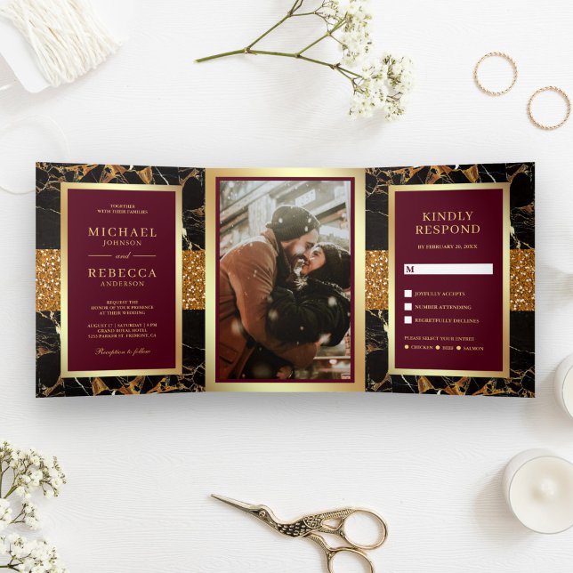 Black Marble Gold Glitter Burgundy Red Wedding Tri-Fold Invitation (Creator Uploaded)