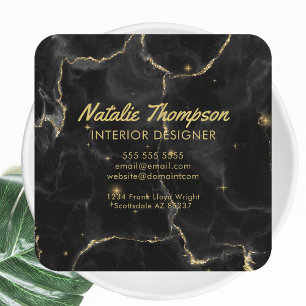 Black Marble Gold Glitter Elegant Front and Back Square Business Card