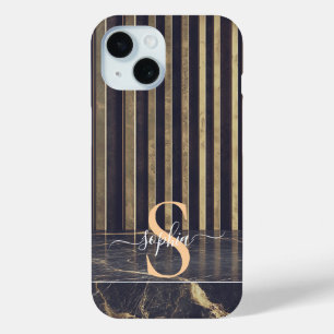 black marble gold glitter monogram iPhone 15 case