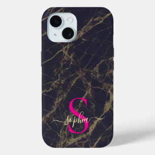 black marble gold glitter monogram iPhone 15 case