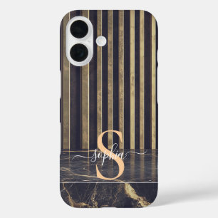 black marble gold glitter monogram iPhone 16 case