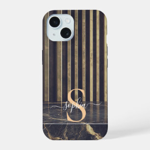 black marble gold glitter monogram iPhone 15 case