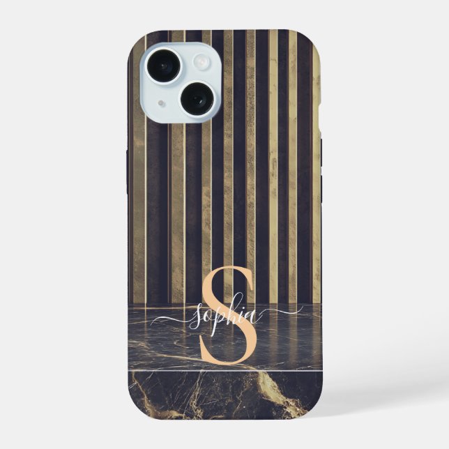 black marble gold glitter monogram iPhone 15 case (Back)