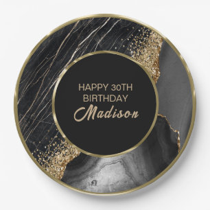 Black Marble Gold Glitter Paper Plate