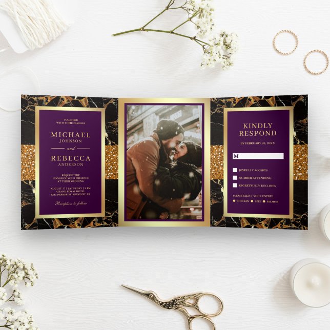 Black Marble Gold Glitter Plum Purple Wedding Tri-Fold Invitation (Creator Uploaded)