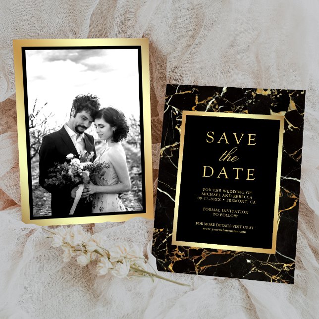 Black Marble Gold Photo Wedding Save The Date (Creator Uploaded)