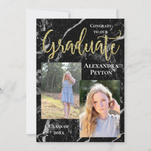 Black Marble Gold Script Photo Graduation Invitation