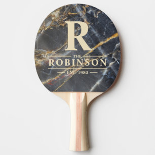 Black Marble & Gold Stone Family Name & Initial Ping Pong Paddle