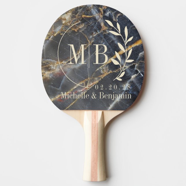 Black Marble & Gold Stone Leaf Wedding Monogram Ping Pong Paddle (Front)