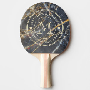 Black Marble & Gold Stone Wedding Monogram Heart Ping Pong Paddle