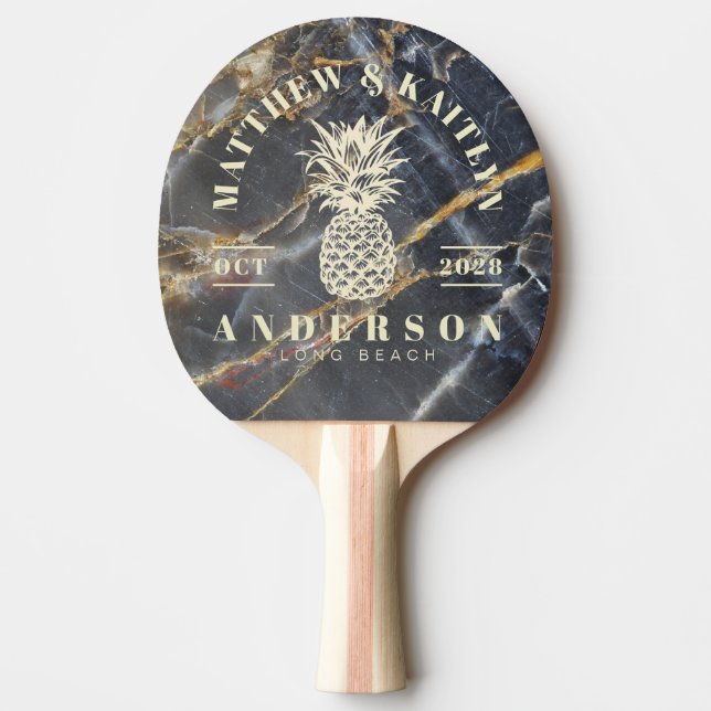 Black Marble Gold Tropical Pineapple Wedding Crest Ping Pong Paddle (Front)