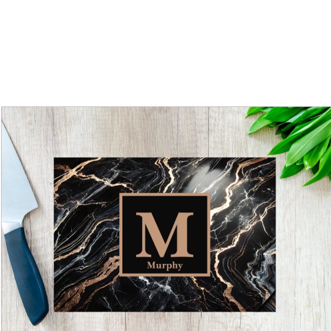 Black Marble & Gold Vein Monogram  Cutting Board (Creator Uploaded)