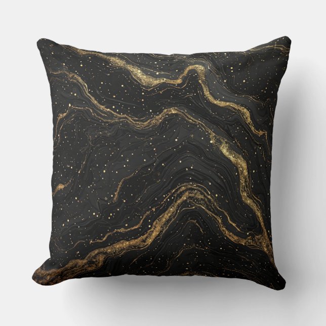 Black Marble Gold Veins Luxury Abstract Cushion (Front)