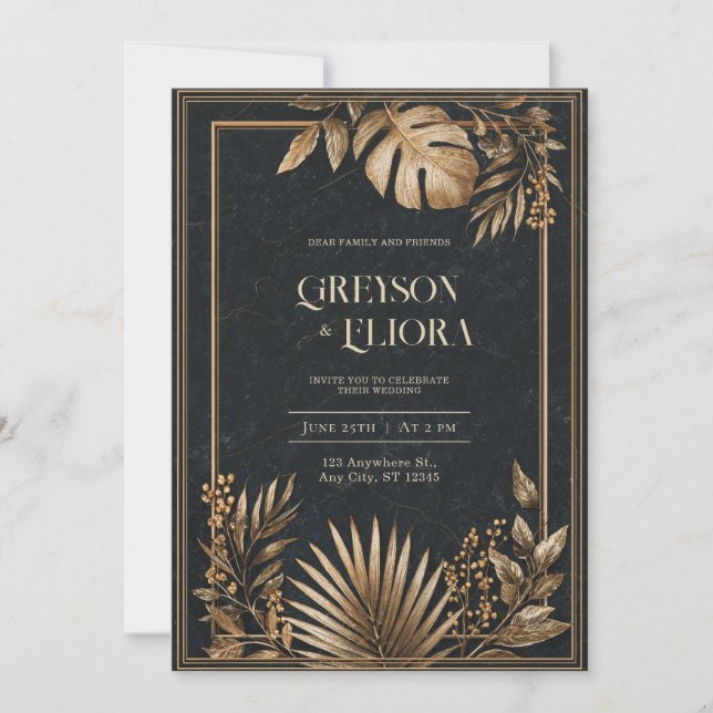 Black Marble & Gold VIP Luxe Wedding Invitation (Front)