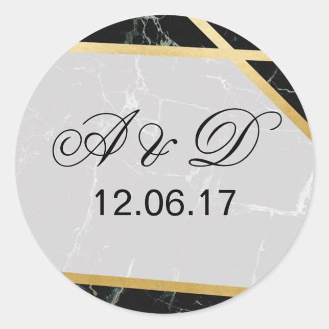 Black Marble Gold Wedding Initial Stickers Label (Front)
