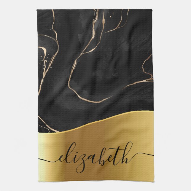 Black Marble Golden Foil Tea Towel (Vertical)