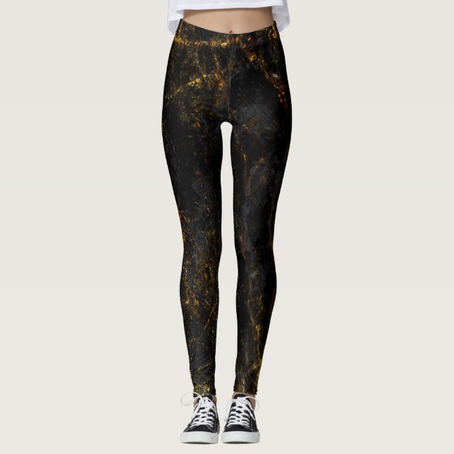 Black marble, golden veins, texture. leggings (Front)