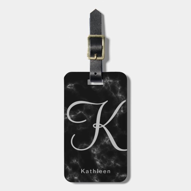 Black Marble Grey Monogrammed Initial Luggage Tag (Front Vertical)