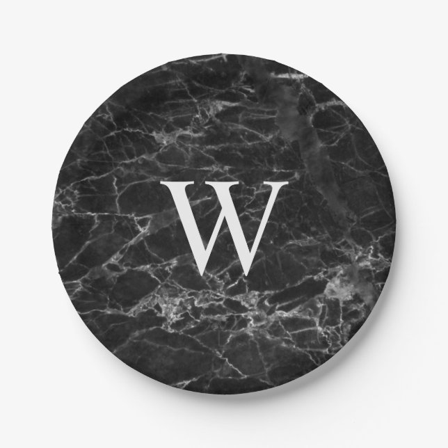 Black Marble Initial Square Custom Paper Plates (Front)