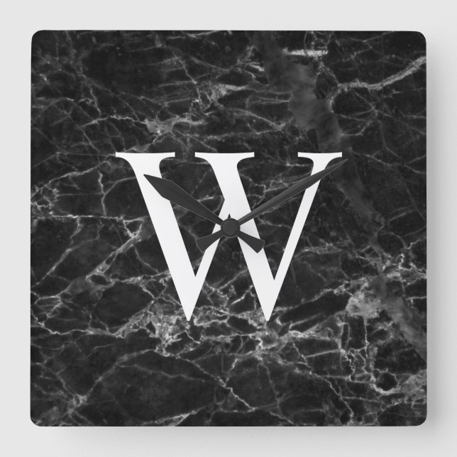 Black Marble Initial Square Kitchen Wall Clock (Front)