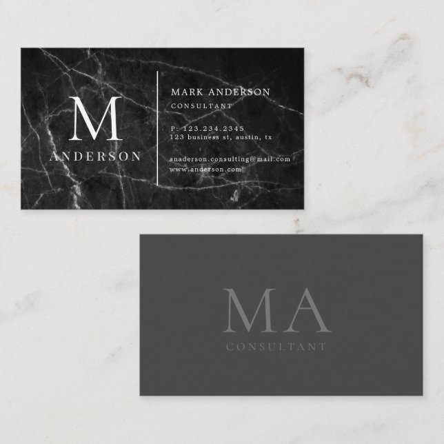 Black Marble Masculine Double Monogram Business Card (Front/Back)