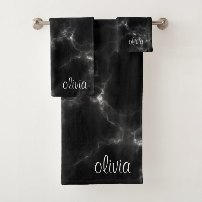 Black Marble Modern Script Girly Monogram Name  Bath Towel Set (Insitu)