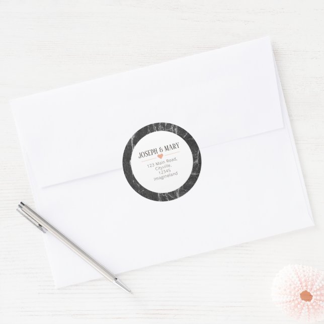 Black Marble Modern Wedding return address Classic Round Sticker (Envelope)